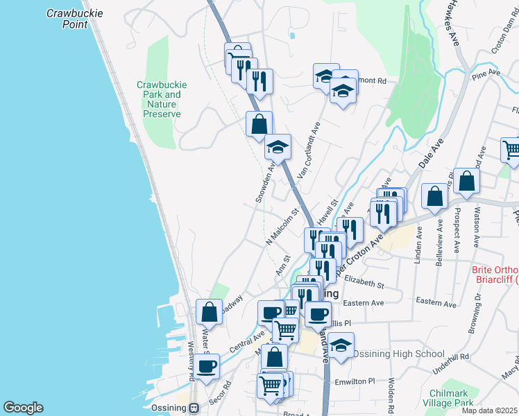 map of restaurants, bars, coffee shops, grocery stores, and more near 28 Snowden Avenue in Ossining