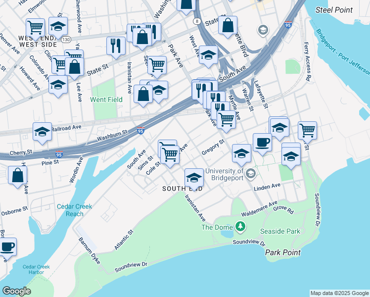 map of restaurants, bars, coffee shops, grocery stores, and more near 20 Ridge Avenue in Bridgeport