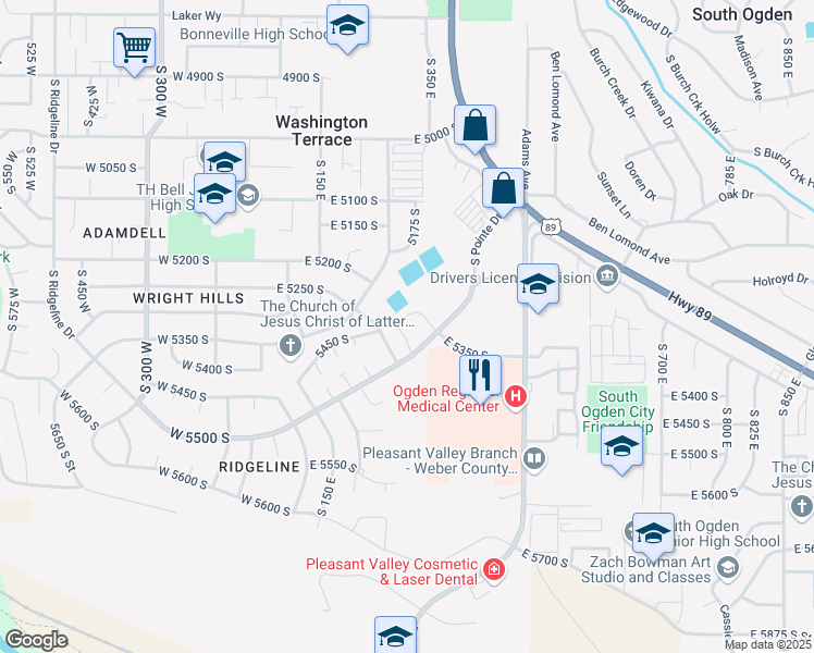 map of restaurants, bars, coffee shops, grocery stores, and more near 5420 South 350 East in Washington Terrace