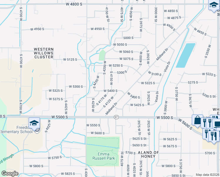 map of restaurants, bars, coffee shops, grocery stores, and more near 5397 South 4150 West in Roy