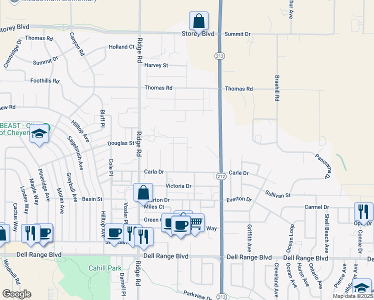 map of restaurants, bars, coffee shops, grocery stores, and more near Boulder Court in Cheyenne