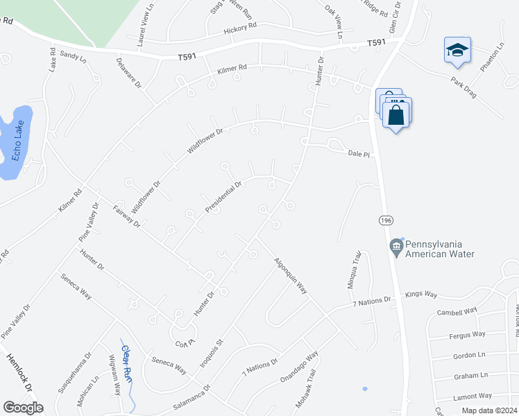 map of restaurants, bars, coffee shops, grocery stores, and more near 2303 Squirrel Circle in Tobyhanna