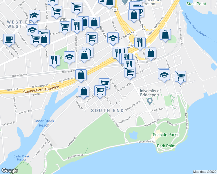 map of restaurants, bars, coffee shops, grocery stores, and more near 20 Ridge Avenue in Bridgeport