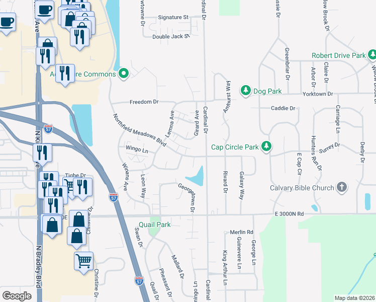 map of restaurants, bars, coffee shops, grocery stores, and more near 1526 Girard Avenue in Bourbonnais