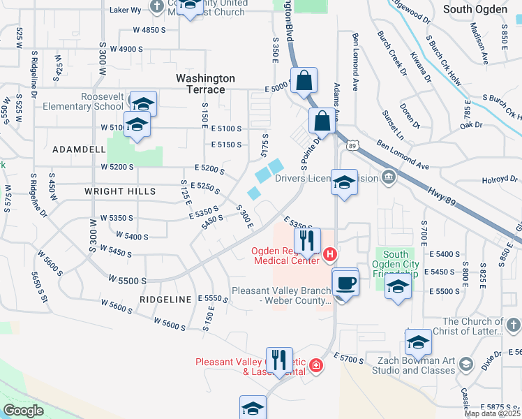 map of restaurants, bars, coffee shops, grocery stores, and more near 5420 South 350 East in Washington Terrace