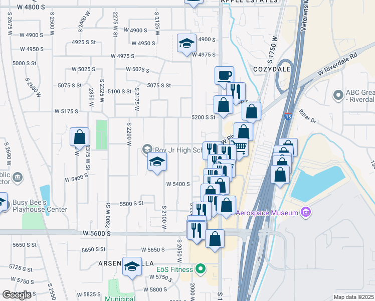 map of restaurants, bars, coffee shops, grocery stores, and more near 5319 South 2000 West in Roy