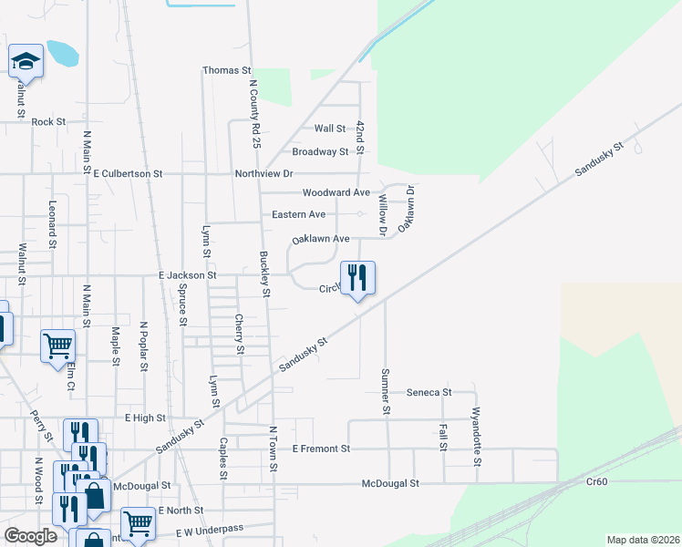 map of restaurants, bars, coffee shops, grocery stores, and more near 748 Circle Drive in Fostoria