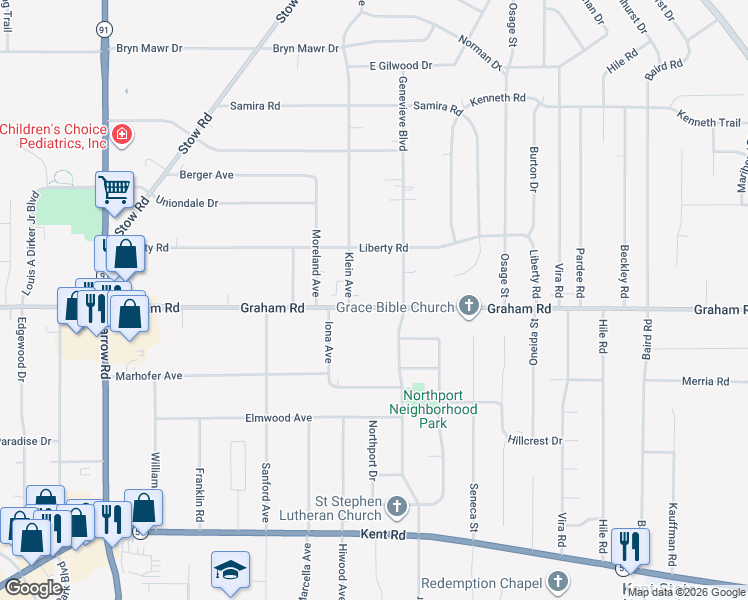 map of restaurants, bars, coffee shops, grocery stores, and more near 2371 Graham Road in Stow