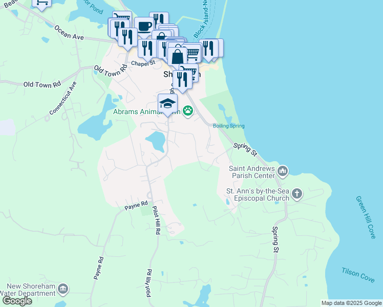 map of restaurants, bars, coffee shops, grocery stores, and more near 1005 High Street in New Shoreham