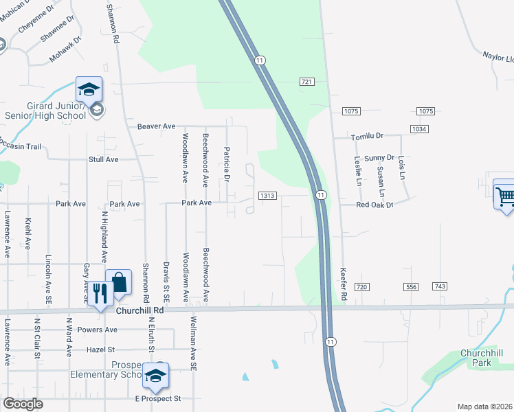 map of restaurants, bars, coffee shops, grocery stores, and more near 978 Chrysann Drive in Girard