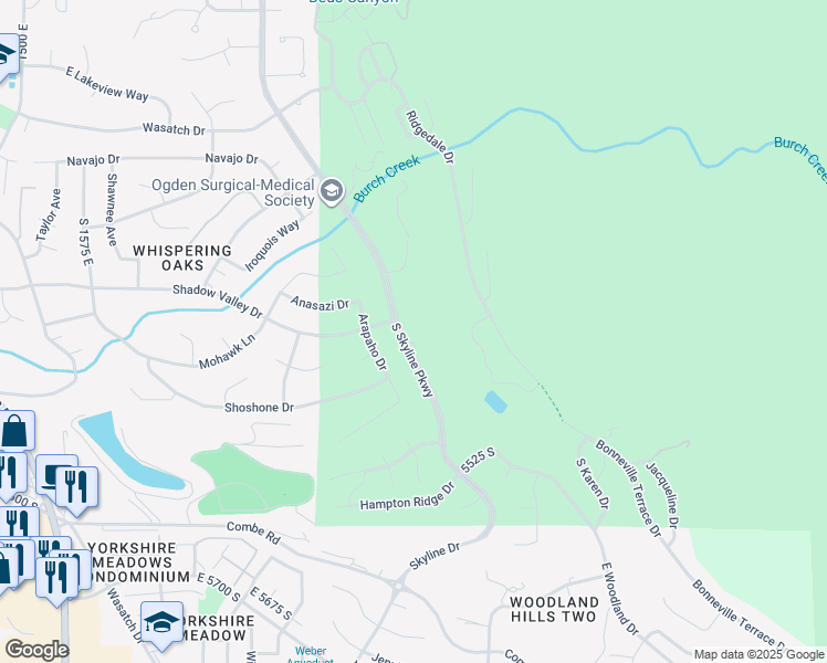 map of restaurants, bars, coffee shops, grocery stores, and more near 5304 South Skyline Parkway in Ogden