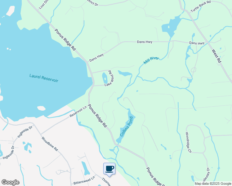 map of restaurants, bars, coffee shops, grocery stores, and more near 118 Tobys Lane in New Canaan