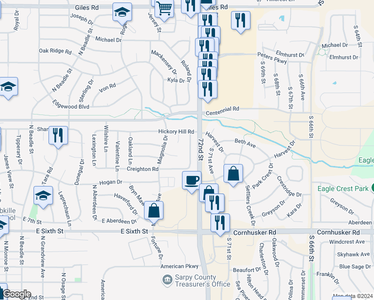 map of restaurants, bars, coffee shops, grocery stores, and more near 810 Auburn Lane in Papillion
