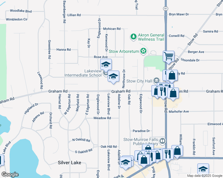map of restaurants, bars, coffee shops, grocery stores, and more near 1819 Graham Road in Stow