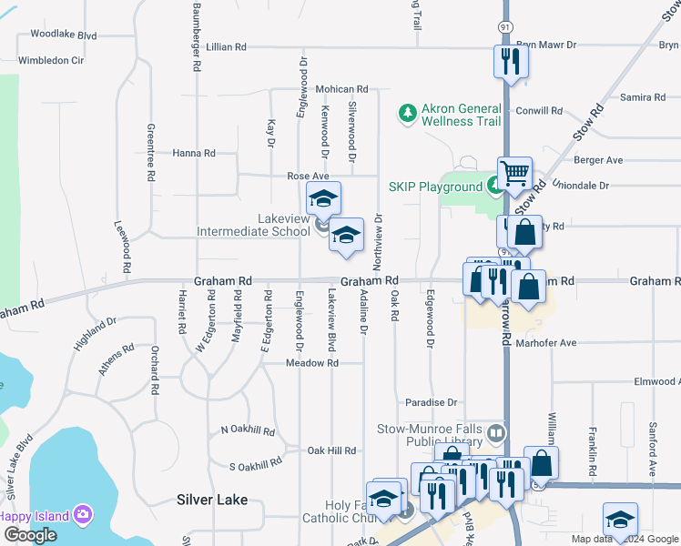 map of restaurants, bars, coffee shops, grocery stores, and more near 1819 Graham Road in Stow
