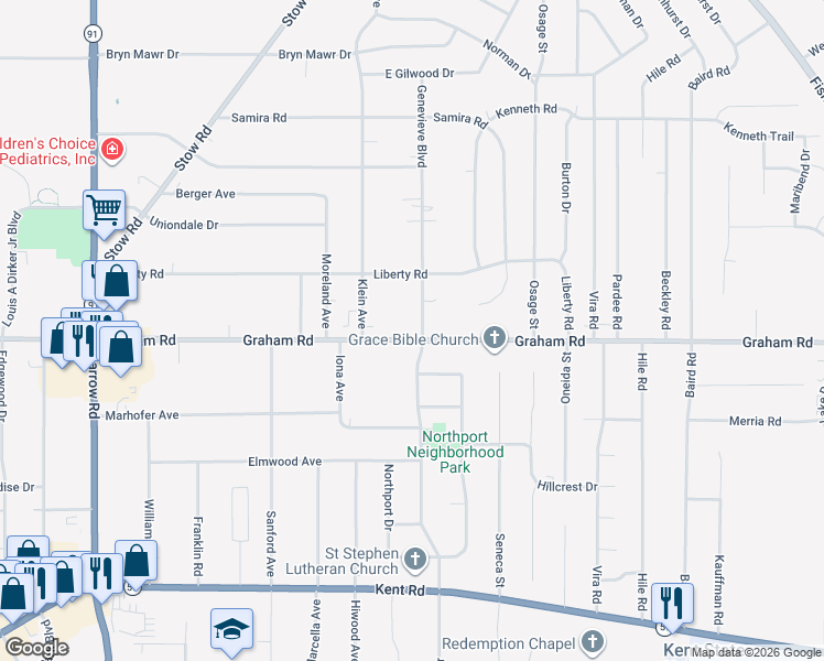map of restaurants, bars, coffee shops, grocery stores, and more near 2393 Graham Road in Stow