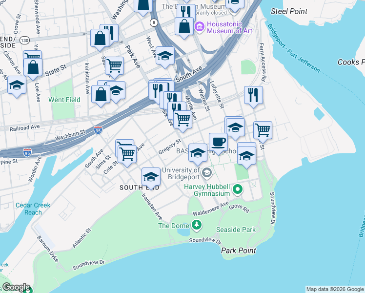 map of restaurants, bars, coffee shops, grocery stores, and more near in Bridgeport