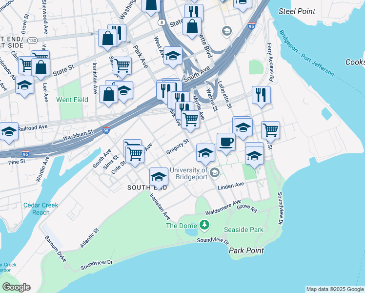 map of restaurants, bars, coffee shops, grocery stores, and more near 45 Park Terrace in Bridgeport
