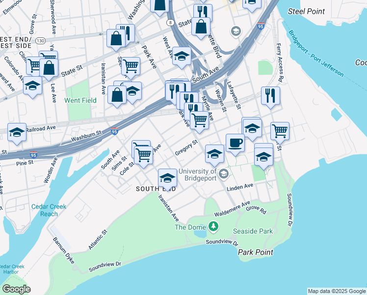 map of restaurants, bars, coffee shops, grocery stores, and more near 45 Park Terrace in Bridgeport