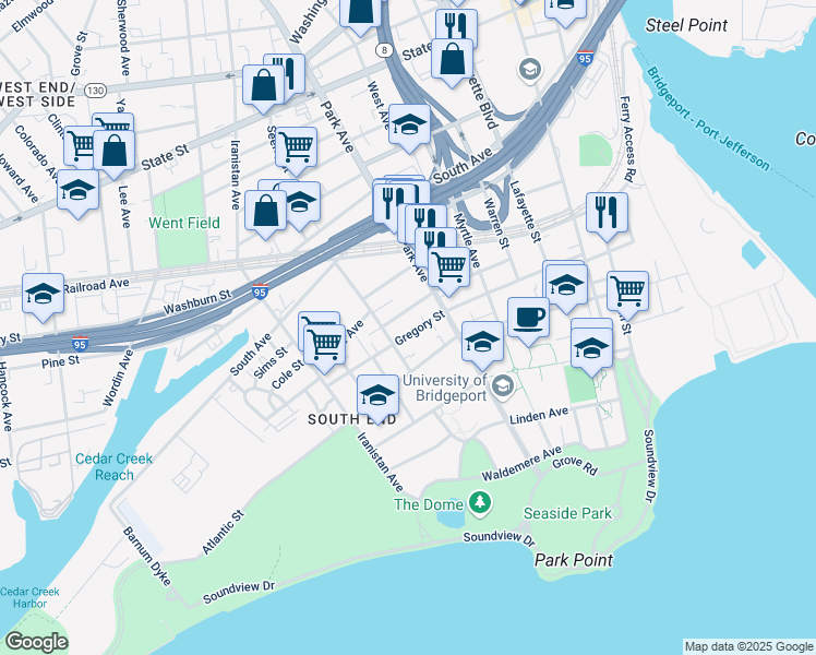 map of restaurants, bars, coffee shops, grocery stores, and more near 45 Park Terrace in Bridgeport