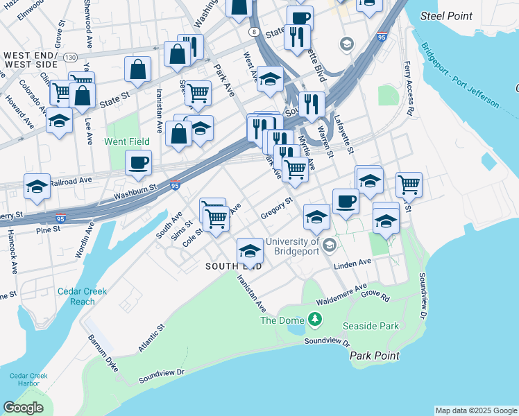 map of restaurants, bars, coffee shops, grocery stores, and more near 136 Columbia Street in Bridgeport