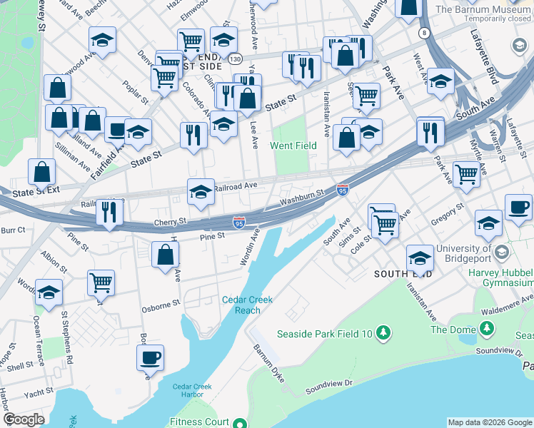 map of restaurants, bars, coffee shops, grocery stores, and more near in Bridgeport