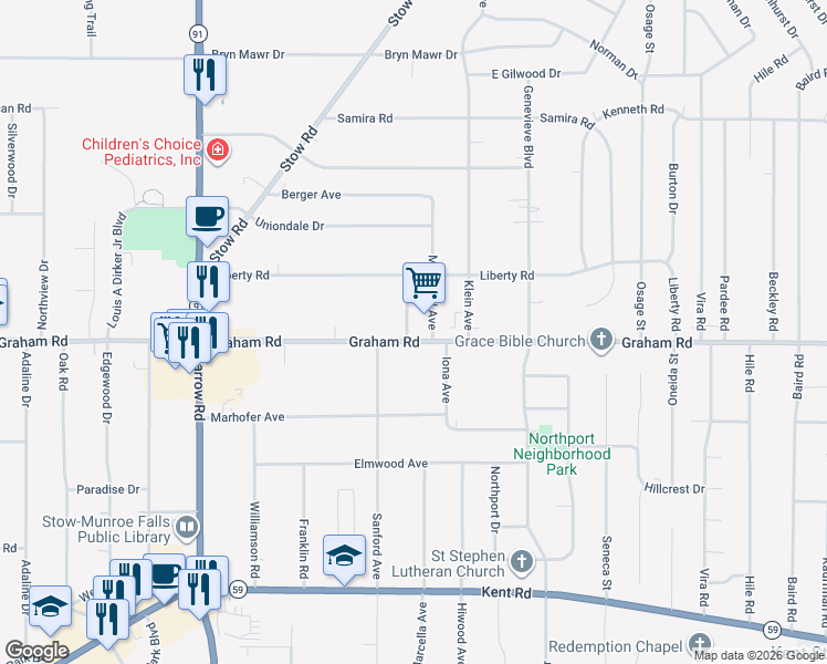 map of restaurants, bars, coffee shops, grocery stores, and more near 3827 Highland Avenue in Stow