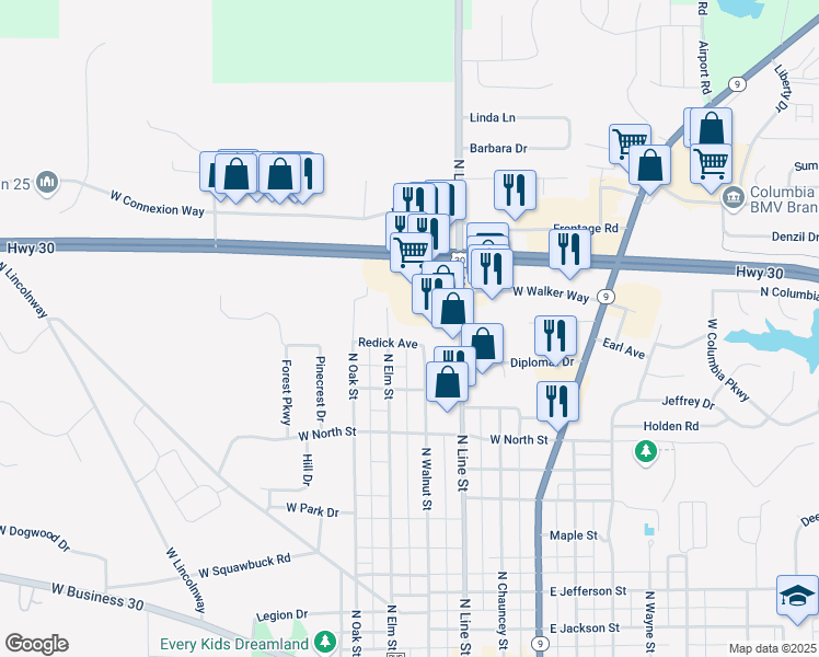 map of restaurants, bars, coffee shops, grocery stores, and more near 602 North Elm Street in Columbia City