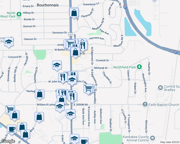 map of restaurants, bars, coffee shops, grocery stores, and more near 202 Mohawk Drive in Bourbonnais