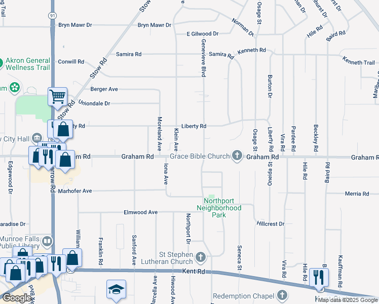 map of restaurants, bars, coffee shops, grocery stores, and more near 2371 Graham Road in Stow