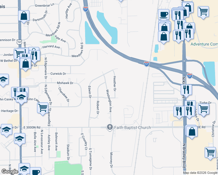 map of restaurants, bars, coffee shops, grocery stores, and more near 786 North Washington Avenue in Bradley