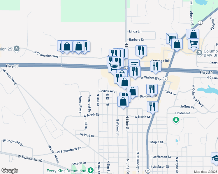 map of restaurants, bars, coffee shops, grocery stores, and more near 602 North Elm Street in Columbia City