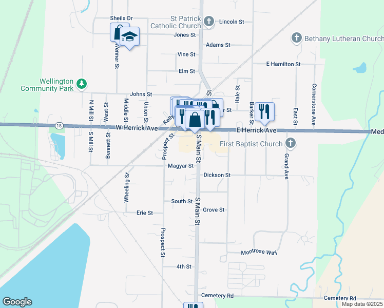 map of restaurants, bars, coffee shops, grocery stores, and more near 136 South Main Street in Wellington