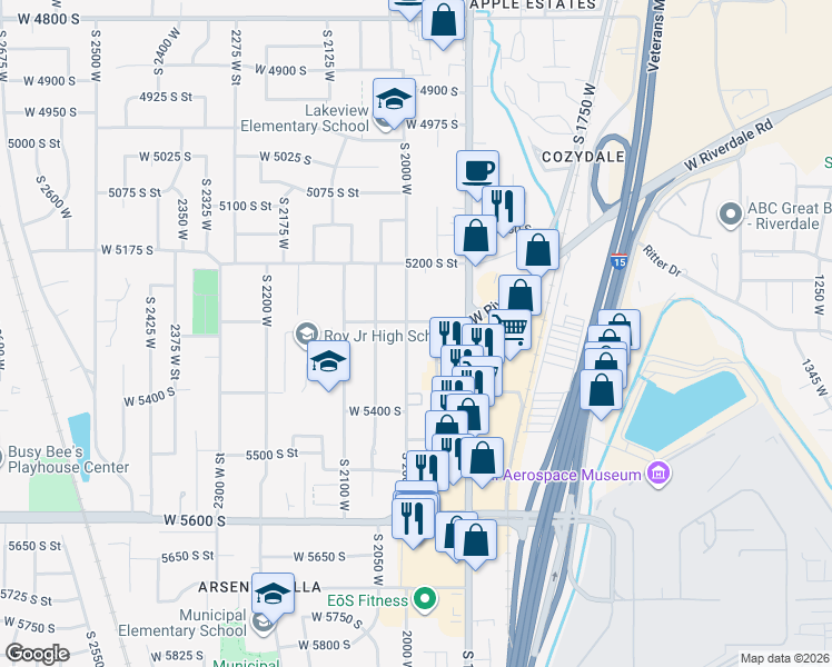 map of restaurants, bars, coffee shops, grocery stores, and more near 1975 West 5300 South in Roy