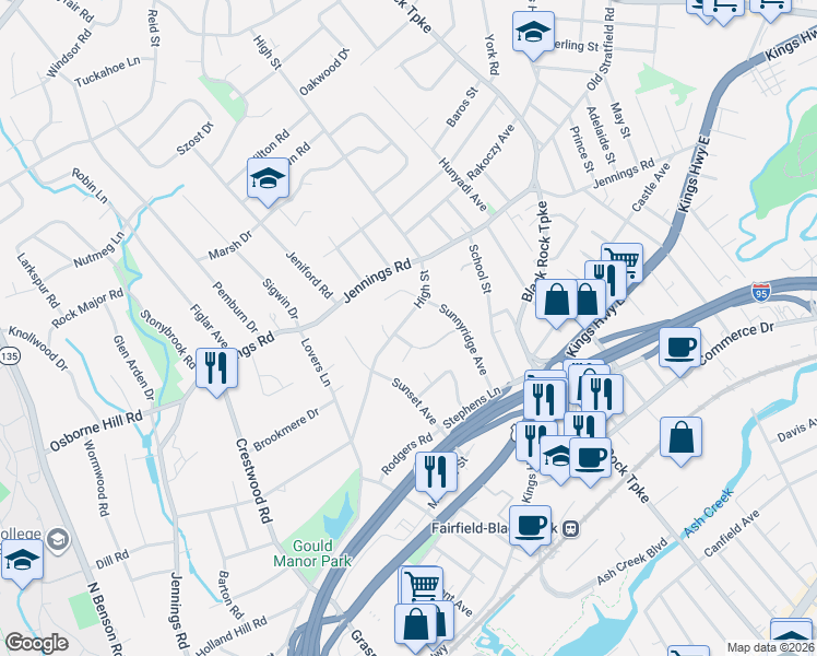 map of restaurants, bars, coffee shops, grocery stores, and more near 466 High Street in Fairfield