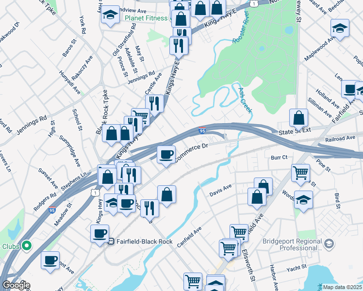 map of restaurants, bars, coffee shops, grocery stores, and more near 35 Brentwood Avenue in Fairfield