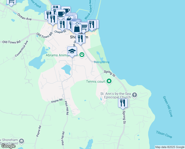 map of restaurants, bars, coffee shops, grocery stores, and more near 1005 High Street in New Shoreham