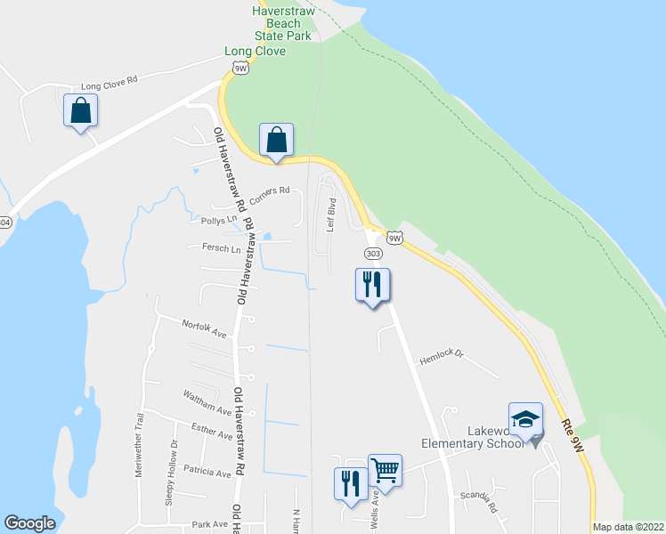 map of restaurants, bars, coffee shops, grocery stores, and more near 71 Leif Boulevard in Congers
