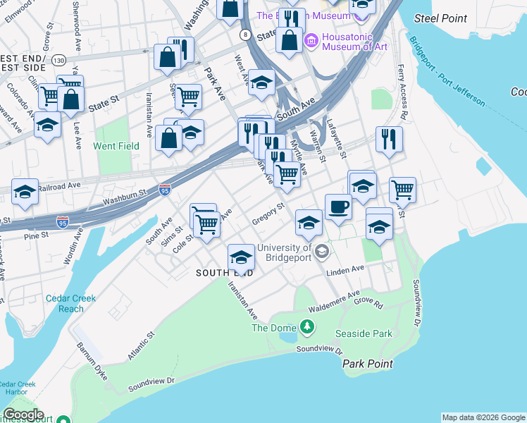 map of restaurants, bars, coffee shops, grocery stores, and more near 45 Park Terrace in Bridgeport