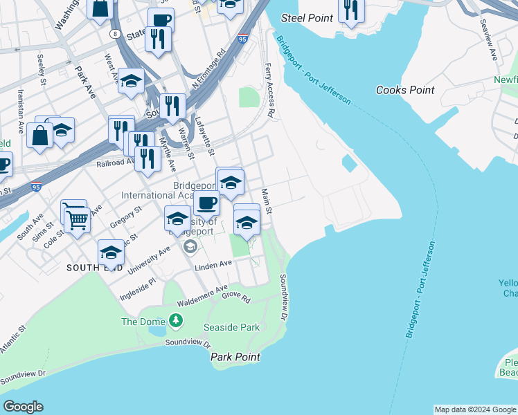 map of restaurants, bars, coffee shops, grocery stores, and more near 282 Broad Street in Bridgeport