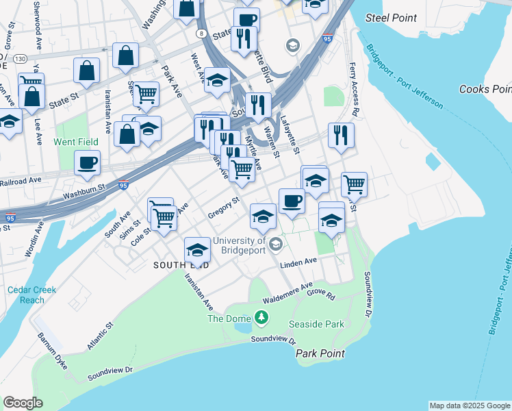 map of restaurants, bars, coffee shops, grocery stores, and more near in Bridgeport