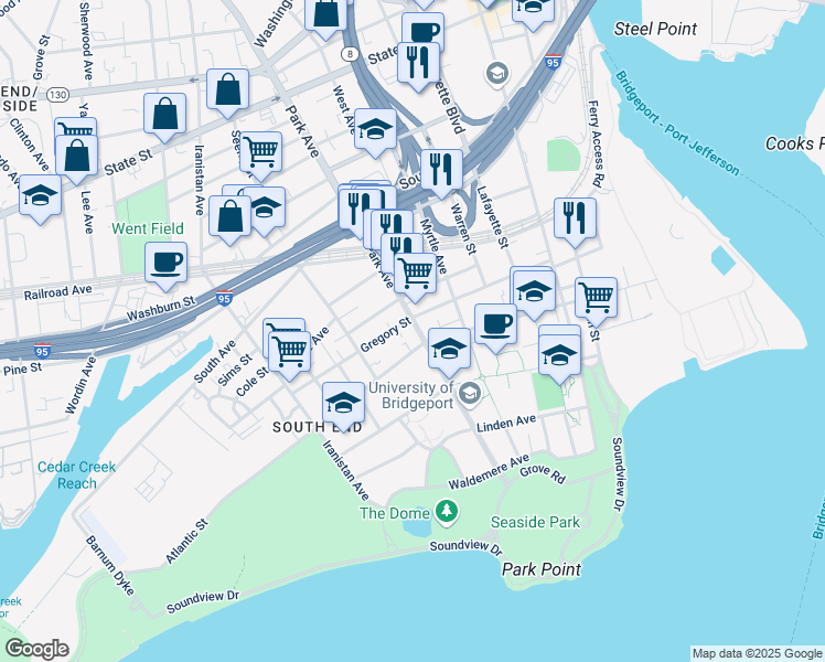 map of restaurants, bars, coffee shops, grocery stores, and more near in Bridgeport