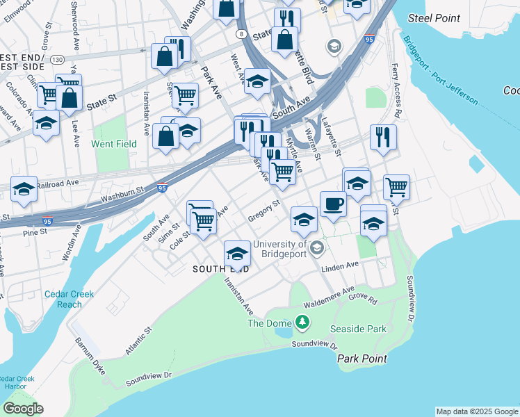 map of restaurants, bars, coffee shops, grocery stores, and more near 45 Park Terrace in Bridgeport