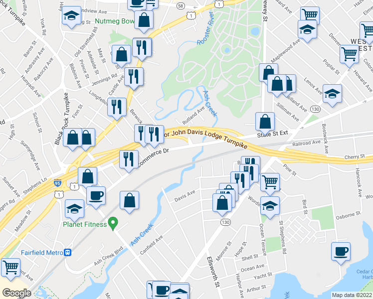 map of restaurants, bars, coffee shops, grocery stores, and more near 80 Commerce Drive in Fairfield