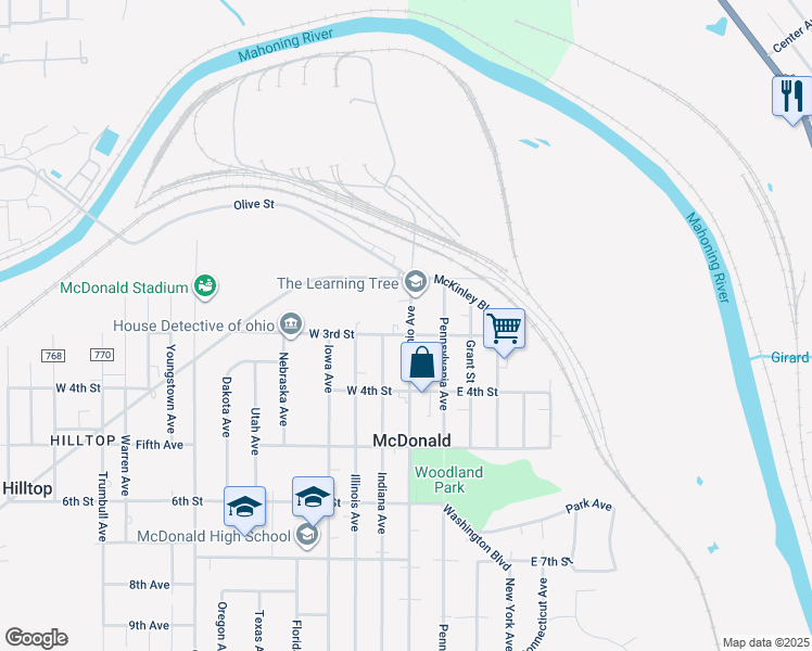 map of restaurants, bars, coffee shops, grocery stores, and more near 237 Ohio Avenue in McDonald