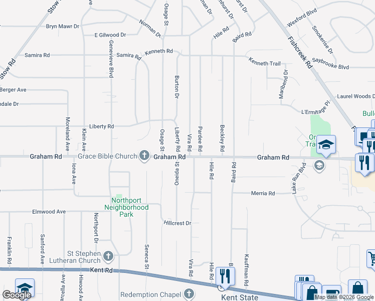 map of restaurants, bars, coffee shops, grocery stores, and more near 2447 Liberty Road in Stow