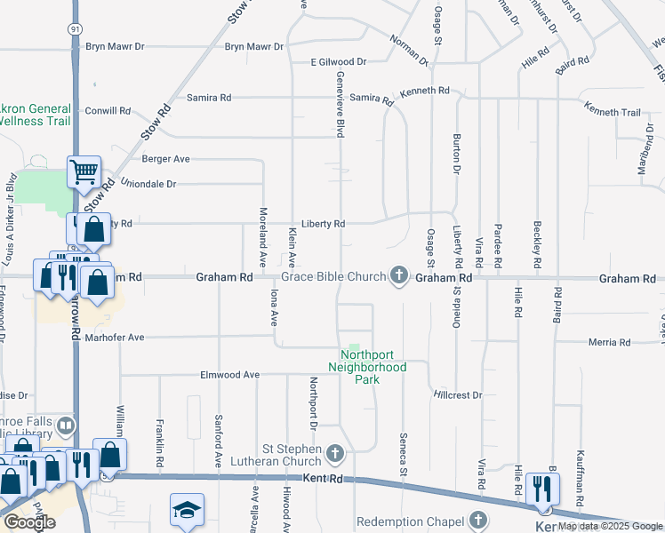 map of restaurants, bars, coffee shops, grocery stores, and more near 3864 Genevieve Boulevard in Stow