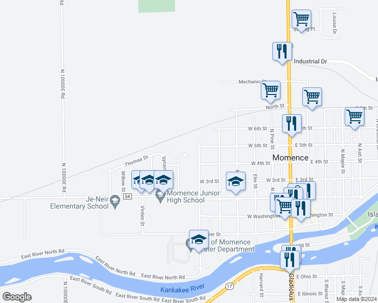 map of restaurants, bars, coffee shops, grocery stores, and more near 410 Hickory Circle in Momence