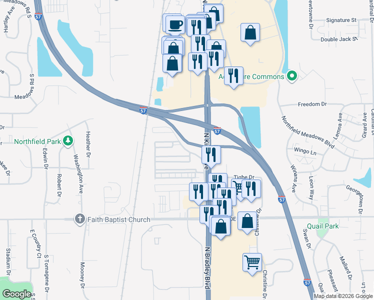 map of restaurants, bars, coffee shops, grocery stores, and more near 1425 North Arthur Burch Drive in Bourbonnais