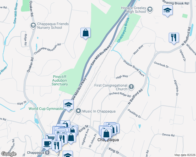 map of restaurants, bars, coffee shops, grocery stores, and more near 361 North Greeley Avenue in Chappaqua